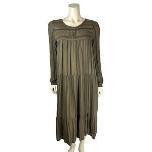 Xirena Long Sleeve Green Stripe Midi Dress Size XS Tiered Pleated Peasant Pocket